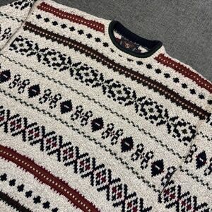 Vintage 90s Lake Harmony Sweater Mens XL Cream Fair Isle Geometric Knit Made USA